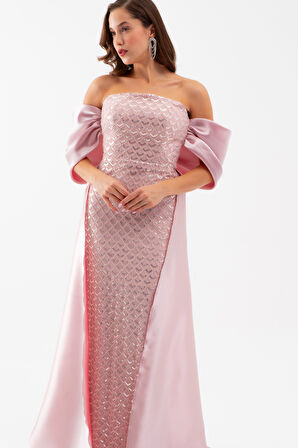 Kadın Pudra Straplez Boncuklu Saten Kuyruklu Uzun Abiye