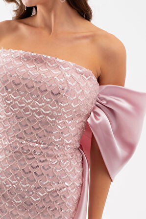 Kadın Pudra Straplez Boncuklu Saten Kuyruklu Uzun Abiye