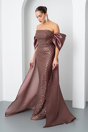 Kadın Kahverengi Straplez Boncuklu Saten Kuyruklu Uzun Abiye