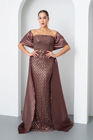Kadın Kahverengi Straplez Boncuklu Saten Kuyruklu Uzun Abiye