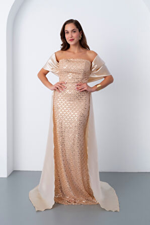 Kadın Bej Straplez Boncuklu Saten Kuyruklu Uzun Abiye