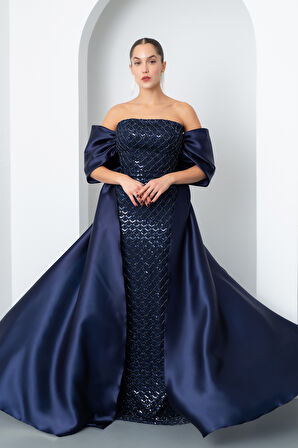 Kadın Lacivert Straplez Boncuklu Saten Kuyruklu Uzun Abiye