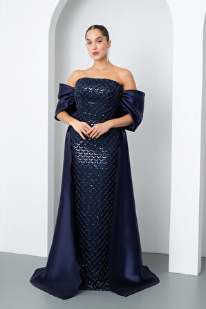 Kadın Lacivert Straplez Boncuklu Saten Kuyruklu Uzun Abiye