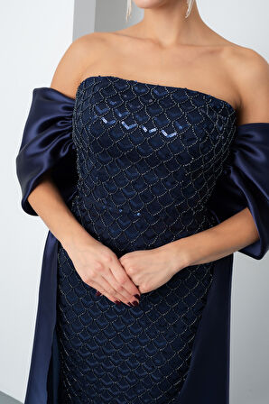 Kadın Lacivert Straplez Boncuklu Saten Kuyruklu Uzun Abiye