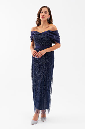 Kadın Lacivert Kayık Yaka Midi Boncuklu Abiye Elbise