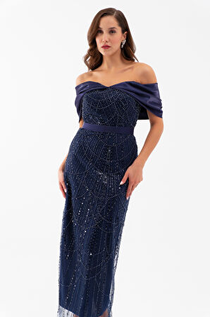 Kadın Lacivert Kayık Yaka Midi Boncuklu Abiye Elbise