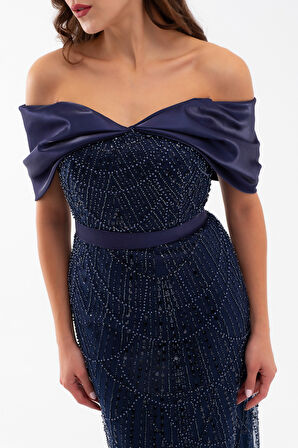 Kadın Lacivert Kayık Yaka Midi Boncuklu Abiye Elbise