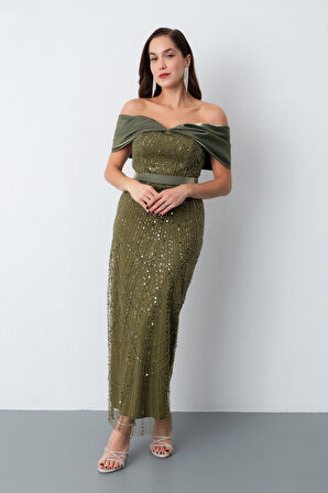 Kadın Haki Kayık Yaka Midi Boncuklu Abiye Elbise