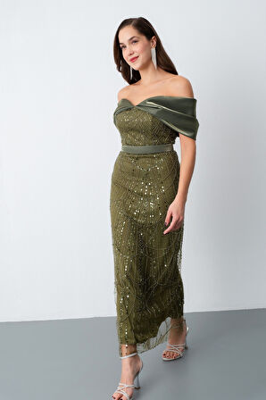 Kadın Haki Kayık Yaka Midi Boncuklu Abiye Elbise