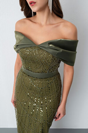 Kadın Haki Kayık Yaka Midi Boncuklu Abiye Elbise