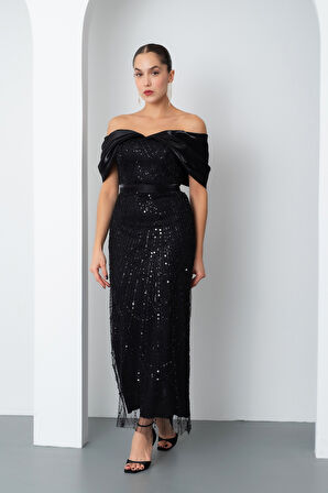 Kadın Siyah Kayık Yaka Midi Boncuklu Abiye Elbise