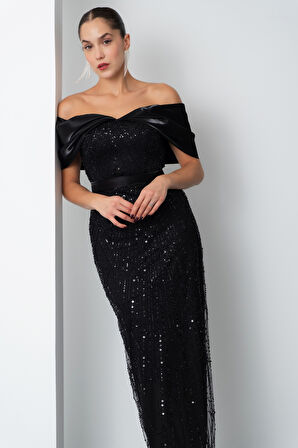 Kadın Siyah Kayık Yaka Midi Boncuklu Abiye Elbise