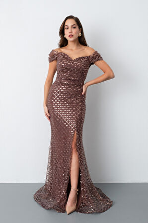 Kadın Kahverengi Madonna Yaka Boncuklu Uzun Balık Abiye Elbise