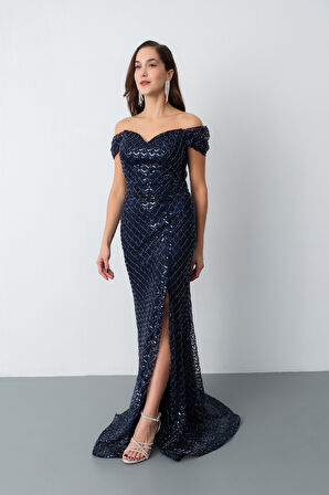 Kadın Lacivert Madonna Yaka Boncuklu Uzun Balık Abiye Elbise