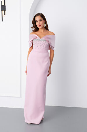 Kadın Pudra Kayık Yaka Göğsü Taşlı Uzun Abiye Elbise