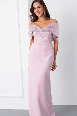 Kadın Pudra Kayık Yaka Göğsü Taşlı Uzun Abiye Elbise