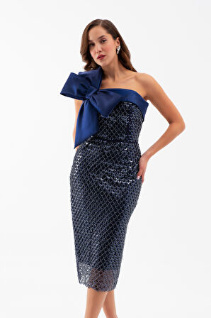 Kadın Lacivert Tek Omuz Boncuklu Midi Gece Elbisesi