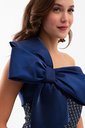 Kadın Lacivert Tek Omuz Boncuklu Midi Gece Elbisesi