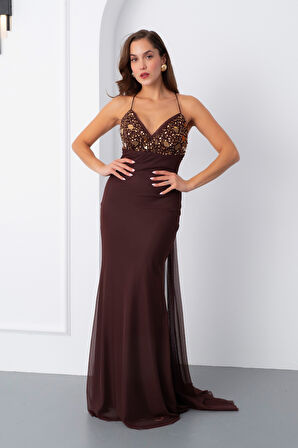 Kadın Kahverengi Askılı Taş Detaylı Uzun Tül Abiye Elbise