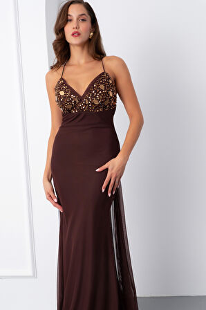 Kadın Kahverengi Askılı Taş Detaylı Uzun Tül Abiye Elbise