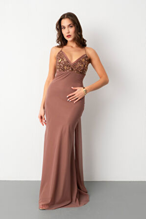 Kadın Vizon Askılı Taş Detaylı Uzun Tül Abiye Elbise