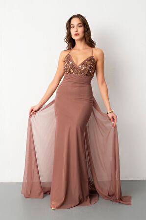 Kadın Vizon Askılı Taş Detaylı Uzun Tül Abiye Elbise