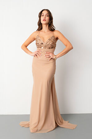 Kadın Bej Askılı Taş Detaylı Uzun Tül Abiye Elbise