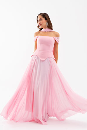 Kadın Pudra Şal Yaka Straplez Söz Nişan Abiye Elbise