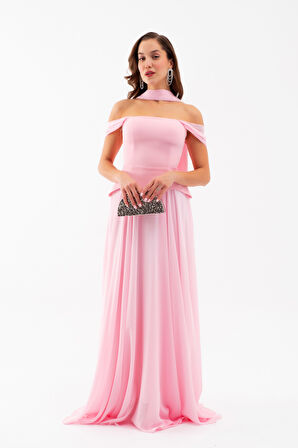 Kadın Pudra Şal Yaka Straplez Söz Nişan Abiye Elbise