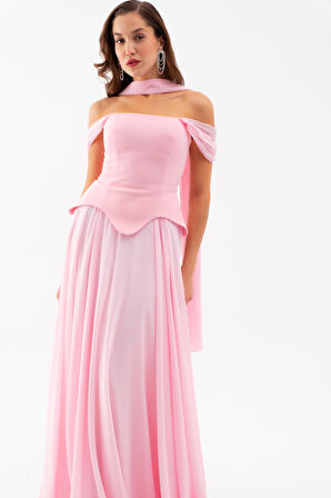 Kadın Pudra Şal Yaka Straplez Söz Nişan Abiye Elbise