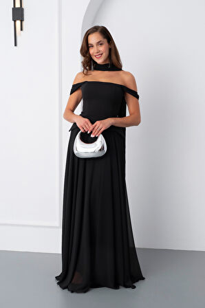 Kadın Siyah Şal Yaka Straplez Söz Nişan Abiye Elbise