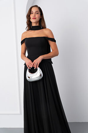 Kadın Siyah Şal Yaka Straplez Söz Nişan Abiye Elbise