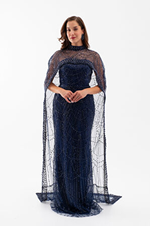 Kadın Lacivert Straplez Uzun Şal Detay Boncuklu Söz Nişan Abiye