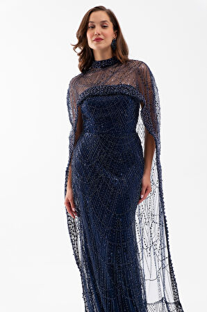 Kadın Lacivert Straplez Uzun Şal Detay Boncuklu Söz Nişan Abiye