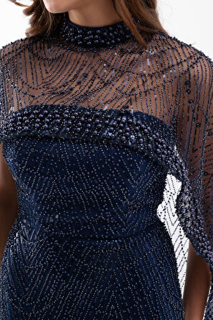 Kadın Lacivert Straplez Uzun Şal Detay Boncuklu Söz Nişan Abiye