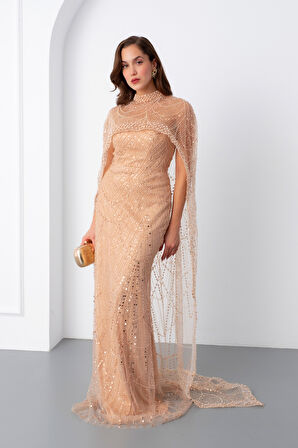 Kadın Gold Straplez Uzun Şal Detay Boncuklu Söz Nişan Abiye