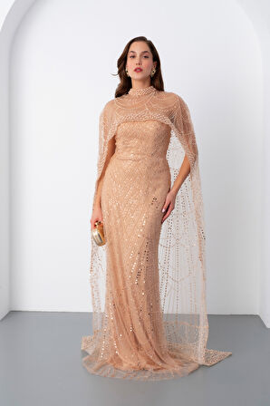 Kadın Gold Straplez Uzun Şal Detay Boncuklu Söz Nişan Abiye