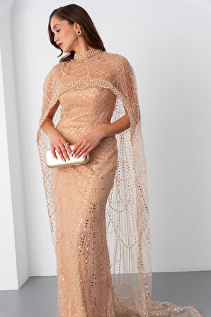 Kadın Gold Straplez Uzun Şal Detay Boncuklu Söz Nişan Abiye