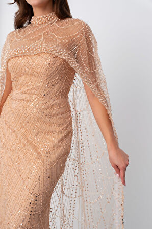 Kadın Gold Straplez Uzun Şal Detay Boncuklu Söz Nişan Abiye