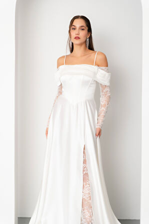 Kadın Beyaz Dantel Detaylı Uzun Saten Abiye Elbise