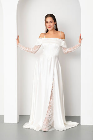 Kadın Beyaz Dantel Detaylı Uzun Saten Abiye Elbise
