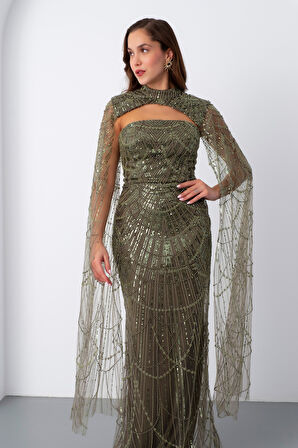 Kadın Haki Şallı Uzun Kol Dik Yaka Boncuklu Abiye