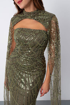 Kadın Haki Şallı Uzun Kol Dik Yaka Boncuklu Abiye