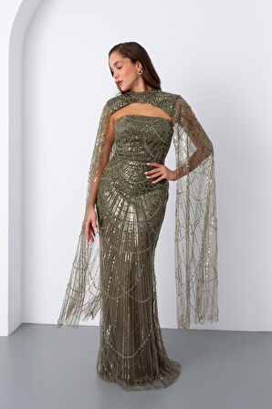 Kadın Haki Şallı Uzun Kol Dik Yaka Boncuklu Abiye