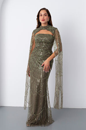 Kadın Haki Şallı Uzun Kol Dik Yaka Boncuklu Abiye