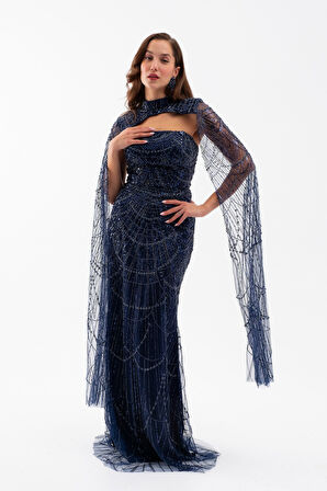 Kadın Lacivert Şallı Uzun Kol Dik Yaka Boncuklu Abiye