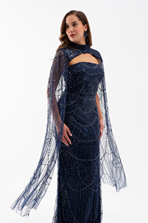 Kadın Lacivert Şallı Uzun Kol Dik Yaka Boncuklu Abiye