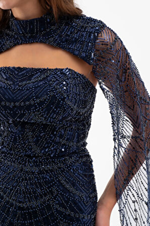 Kadın Lacivert Şallı Uzun Kol Dik Yaka Boncuklu Abiye