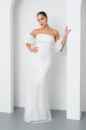 Kadın Beyaz Kol Detay Boncuklu Uzun Abiye Elbise