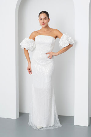 Kadın Beyaz Kol Detay Boncuklu Uzun Abiye Elbise